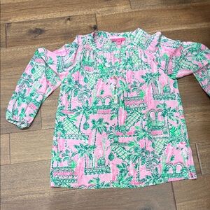 Lilly Pulitzer Pink and Green Palm-Print Blouse